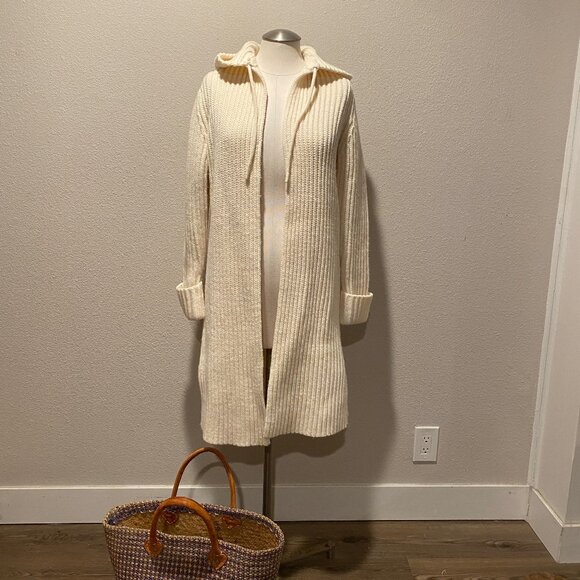 Gap Hooded Sweater Cardigan Cream Ribbed Knit Tassel Tie Size Small‎ - Picture 1 of 6